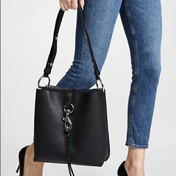 Rebecca Minkoff Megan Black Bucket Bag | Edgy Leather Crossbody Bag - Picture 1 of 8